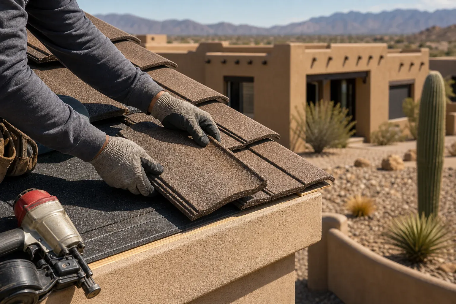 Close-up of roofing material being installed on a Las Cruces adobe-style home