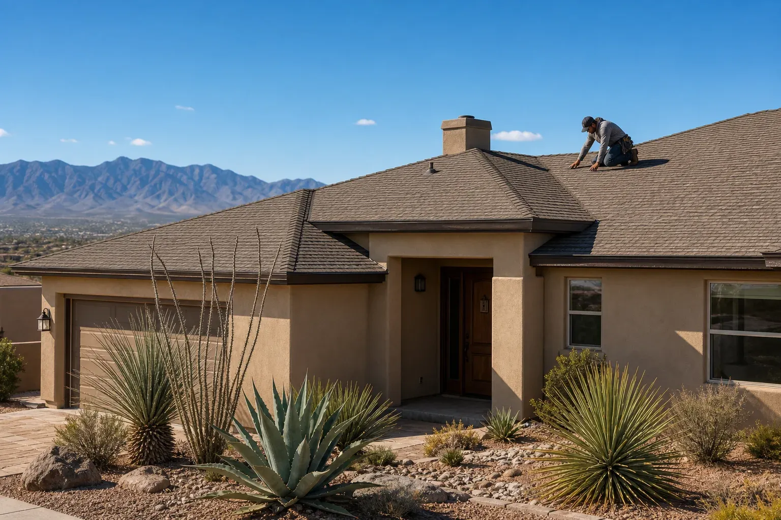 Roofer inspecting a shingle roof on a Las Cruces stucco home with desert landscaping
