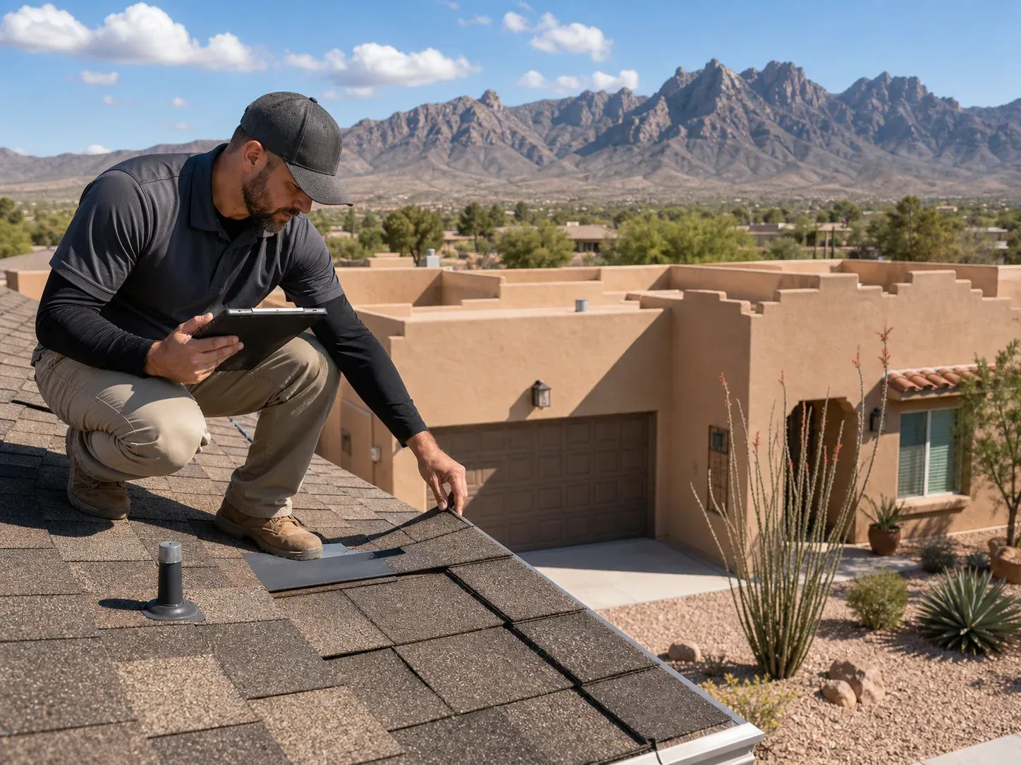 Professional roof inspection on a Southwest-style home in Las Cruces