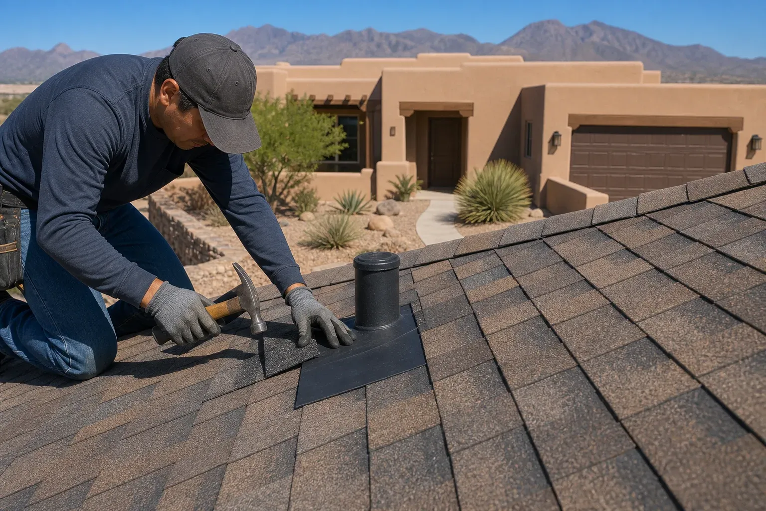 Roof repair work on a Las Cruces home with desert landscaping