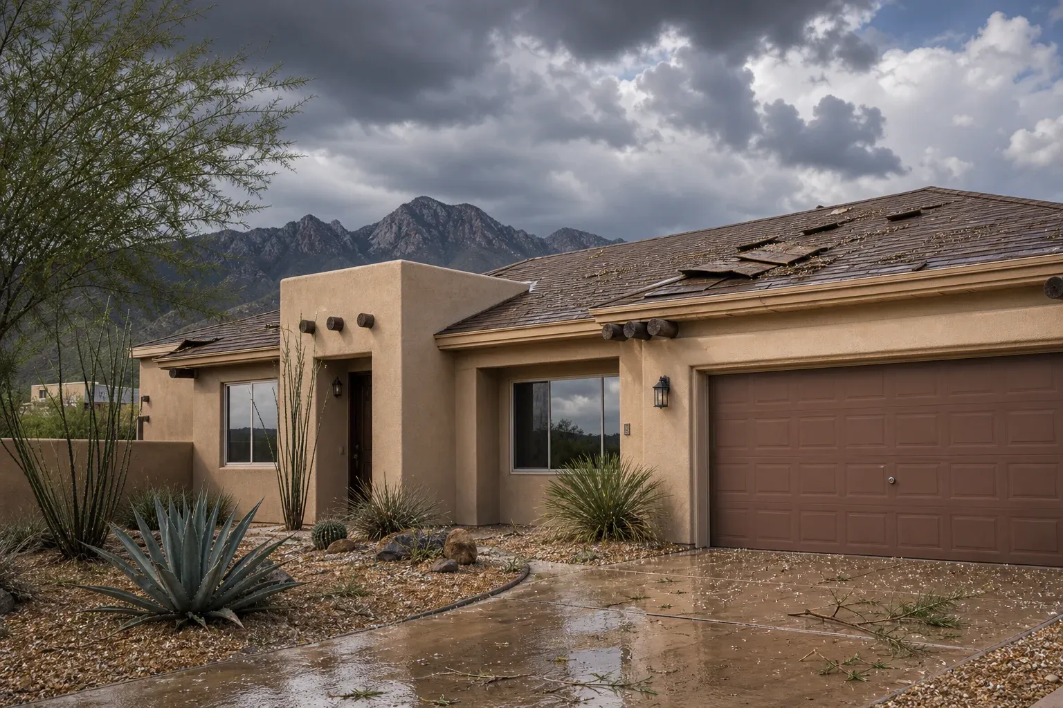 Monsoon storm roof damage on a Las Cruces stucco home